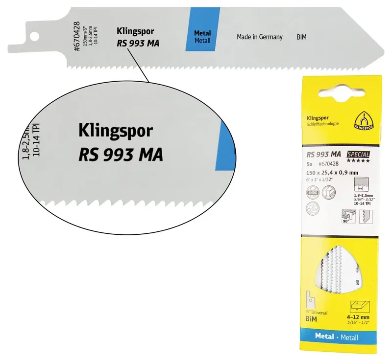 Klingspor 670428 RS 993 MA Säbelsägeblätter, 150 x 25,4 x 0,9 mm Nutzlänge 130Bi-Metall, gefräst, geschränkt , 10-14 Zähne pro Zoll, SB-verpackt im Karton fra Klingspor – produktbillede 1 af 2