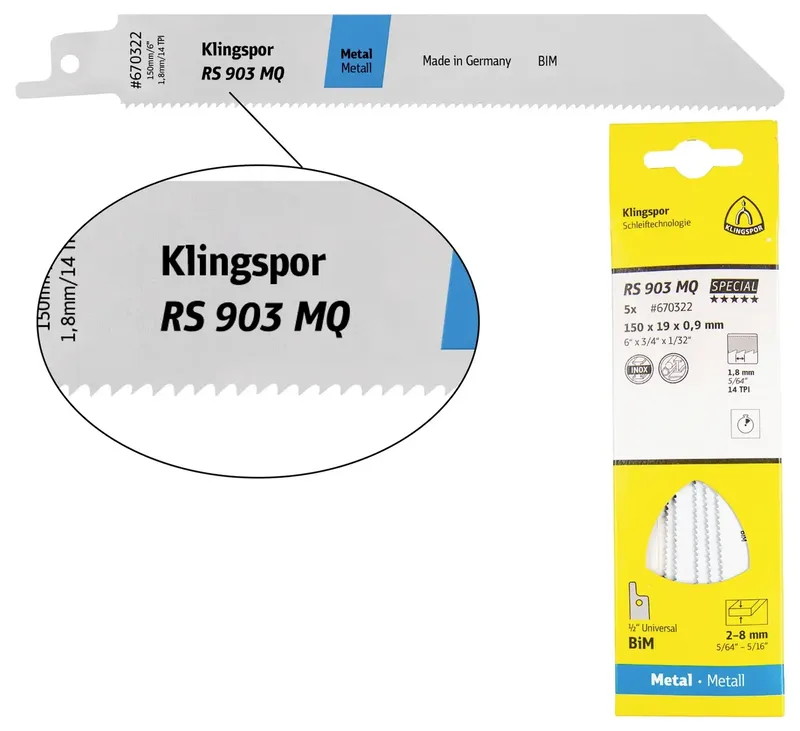 Klingspor 670429 RS 903 MQ Säbelsägeblätter, 230 x 19 x 0,9 mm Nutzlänge 210Bi-Metall, gefräst, geschränkt , 14 Zähne pro Zoll, SB-verpackt im Karton de Klingspor – image du produit 1 sur 2