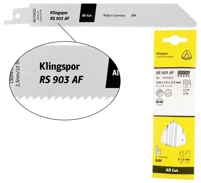 Klingspor 670432 RS 903 AF Säbelsägeblätter, 150 x 19 x 0,9 mm Nutzlänge 130Bi-Metall, gefräst, geschränkt , 10 Zähne pro Zoll, SB-verpackt im Karton van Klingspor – productafbeelding 1 van 2