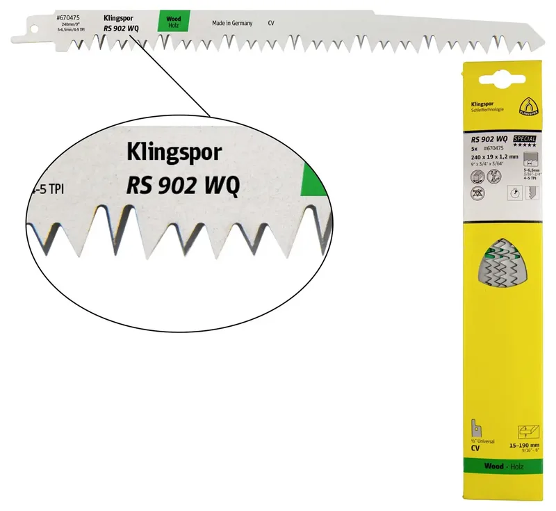 Klingspor 670475 RS 902 WQ Säbelsägeblätter, 240 x 19 x 1,2 mm Nutzlänge 210Crom-Vanadium, kreuzgeschliffen, geschränkt , 5 Zähne pro Zoll, SB-verpackt im von Klingspor – Produktbild 1 von 2