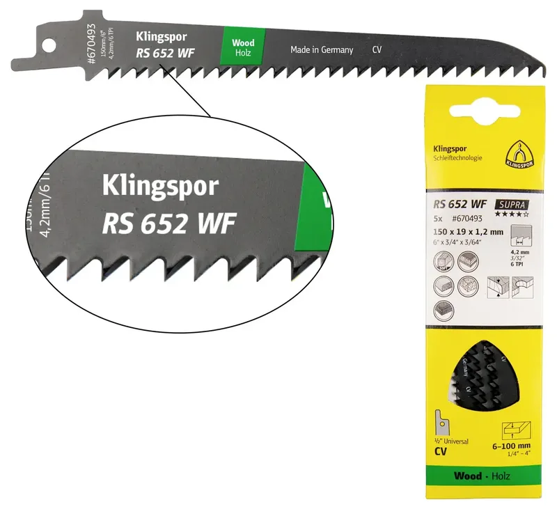 Klingspor 670493 RS 652 WF Säbelsägeblätter, 150 x 19 x 1,2 mm Nutzlänge 130Crom-Vanadium, gefräst, geschränkt , 6 Zähne pro Zoll, SB-verpackt im Karton von Klingspor – Produktbild 1 von 2