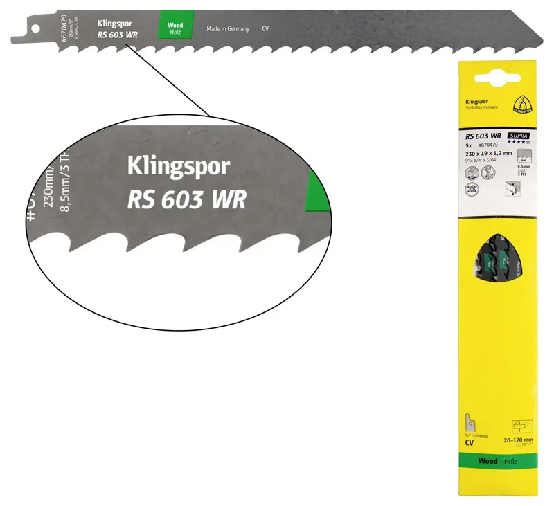 Klingspor 670496 RS 603 WR Säbelsägeblätter, 150 x 19 x 1,2 mm Nutzlänge 130Crom-Vanadium, gefräst, geschränkt , 4 Zähne pro Zoll, SB-verpackt im Karton von Klingspor – Produktbild 1 von 2