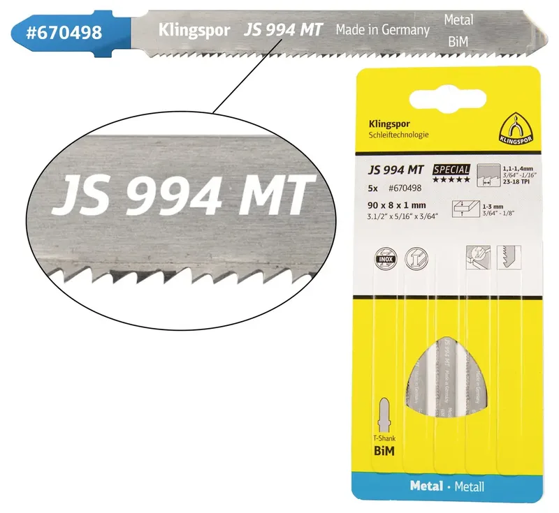 Klingspor 670498 JS 994 MT Stichsägeblätter, 90 x 8 x 1 mm Nutzlänge 63Bi-Metall, gefräst, gewellt , 23-28 Zähne pro Zoll, SB-verpackt im Karton 5 St. von Klingspor – Produktbild 1 von 2