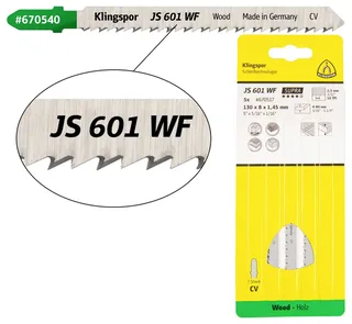Klingspor 670517 JS 601 WF Stichsägeblätter, 130 x 8 x 1,45 mm Nutzlänge 110Crom-Vanadium, kreuzgeschliffen, konisch , 10 Zähne pro Zoll, SB-verpackt im Karton by Klingspor – product image 1 of 2