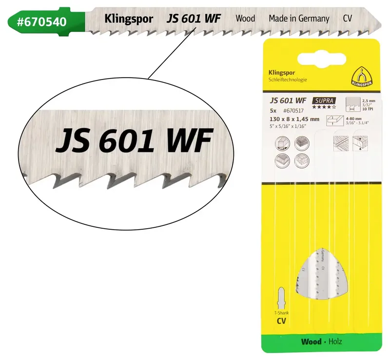 Klingspor 670517 JS 601 WF Stichsägeblätter, 130 x 8 x 1,45 mm Nutzlänge 110Crom-Vanadium, kreuzgeschliffen, konisch , 10 Zähne pro Zoll, SB-verpackt im Karton by Klingspor – product image 1 of 2