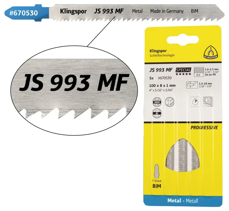 Klingspor 670530 JS 993 MF Stichsägeblätter, 100 x 8 x 1 mm Nutzlänge 75Bi-Metall, gefräst, gewellt , 10-16 Zähne pro Zoll, SB-verpackt im Karton 5 St. de Klingspor – image du produit 1 sur 2