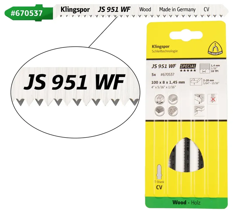 Klingspor 670537 JS 951 WF Stichsägeblätter, 100 x 8 x 1,45 mm Nutzlänge 75Crom-Vanadium, kreuzgeschliffen, konisch , 18 Zähne pro Zoll, SB-verpackt im Karton von Klingspor – Produktbild 1 von 2