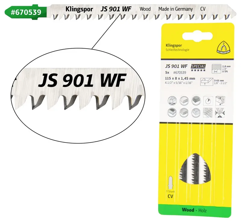 Klingspor 670539 JS 901 WF Stichsägeblätter, 115 x 8 x 1,45 mm Nutzlänge 90Crom-Vanadium, kreuzgeschliffen, konisch , 9 Zähne pro Zoll, SB-verpackt im Karton 5 von Klingspor – Produktbild 1 von 2