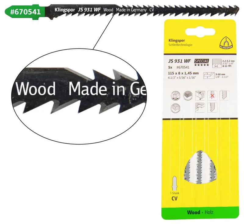 Klingspor 670541 JS 931 WF Stichsägeblätter, 115 x 5 x 1,45 mm Nutzlänge 95Crom-Vanadium, kreuzgeschliffen, konisch , 8-11 Zähne pro Zoll, SB-verpackt im fra Klingspor – produktbillede 1 af 2