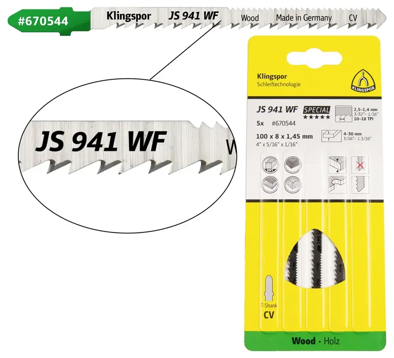 Klingspor 670544 JS 941 WF Stichsägeblätter, 100 x 5 x 1,45 mm Nutzlänge 75Crom-Vanadium, kreuzgeschliffen, konisch , 10-18 Zähne pro Zoll, SB-verpackt im de Klingspor – image du produit 1 sur 2
