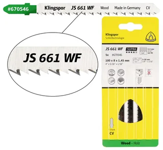 Klingspor 670546 JS 661 WF Stichsägeblätter, 100 x 8 x 1,45 mm Nutzlänge 75Crom-Vanadium, kreuzgeschliffen, konisch , 10 Zähne pro Zoll, SB-verpackt im Karton von Klingspor – Produktbild 1 von 2