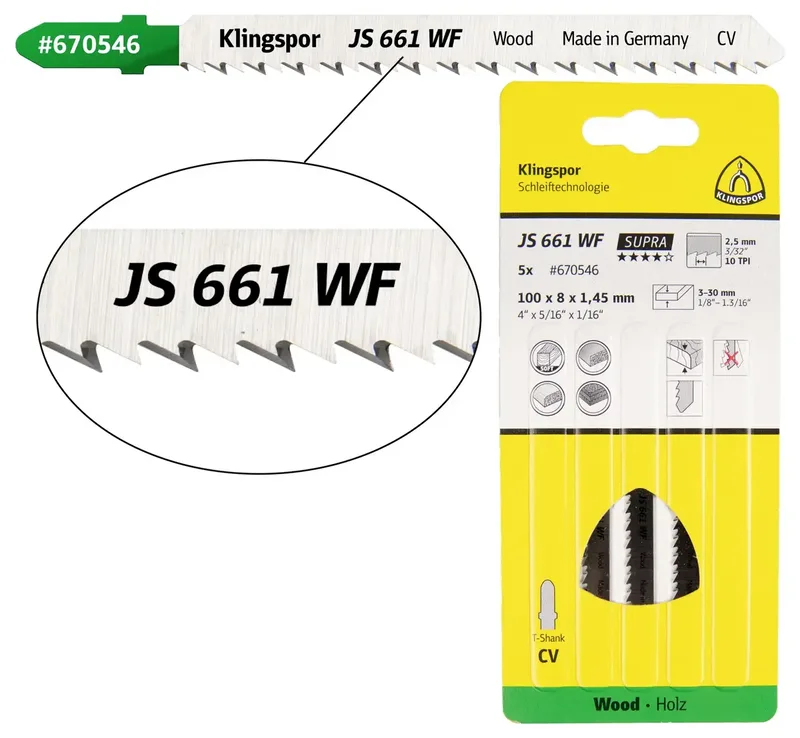 Klingspor 670546 JS 661 WF Stichsägeblätter, 100 x 8 x 1,45 mm Nutzlänge 75Crom-Vanadium, kreuzgeschliffen, konisch , 10 Zähne pro Zoll, SB-verpackt im Karton von Klingspor – Produktbild 1 von 2