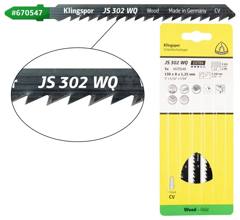 Klingspor 670548 JS 302 WQ Stichsägeblätter, 130 x 8 x 1,25 mm Nutzlänge 110Crom-Vanadium, kreuzgeschliffen, geschränkt , 6 Zähne pro Zoll, SB-verpackt im van Klingspor – productafbeelding 1 van 2