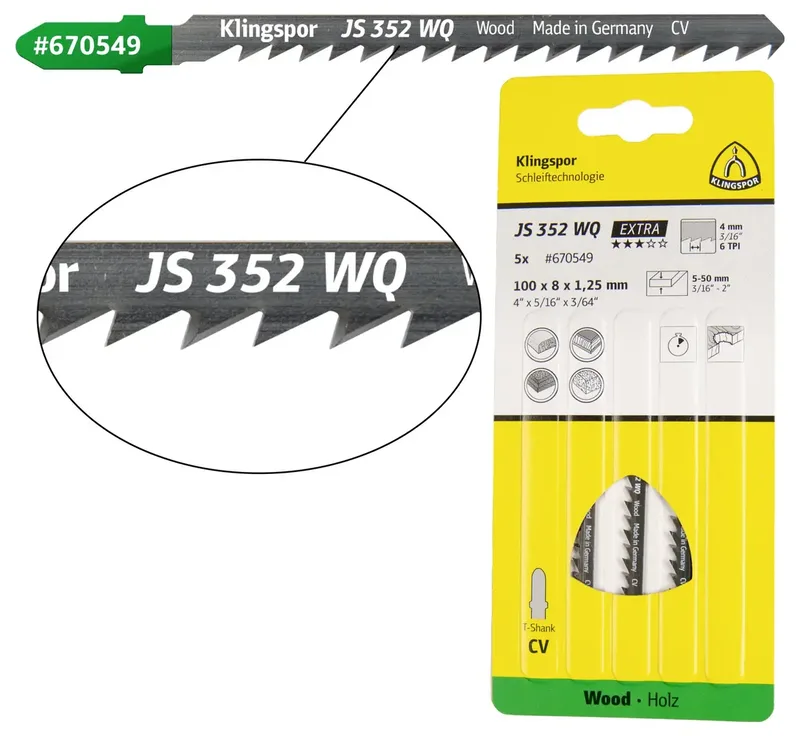 Klingspor 670549 JS 352 WQ Stichsägeblätter, 100 x 8 x 1,25 mm Nutzlänge 75Crom-Vanadium, kreuzgeschliffen, geschränkt , 6 Zähne pro Zoll, SB-verpackt im de Klingspor – image du produit 1 sur 2