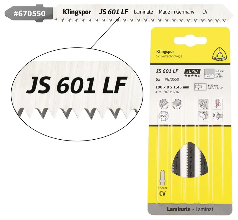 Klingspor 670550 JS 601 LF Stichsägeblätter, 100 x 8 x 1,45 mm Nutzlänge 75Crom-Vanadium, kreuzgeschliffen, konisch , 17 Zähne pro Zoll, SB-verpackt im Karton de Klingspor – image du produit 1 sur 2