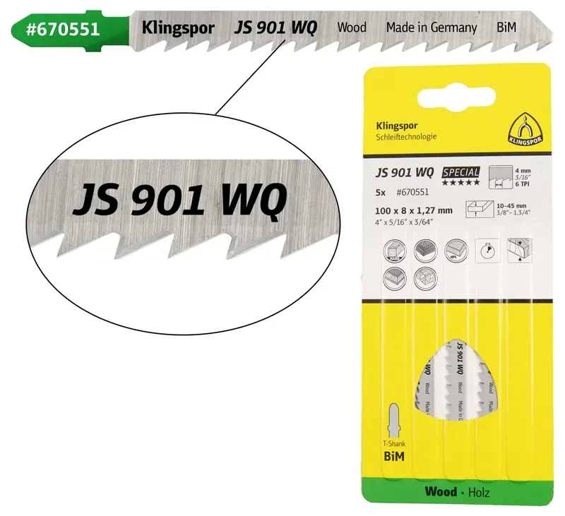 Klingspor 670551 JS 901 WQ Stichsägeblätter, 100 x 8 x 1,27 mm Nutzlänge 75Bi-Metall, kreuzgeschliffen, konisch , 6 Zähne pro Zoll, SB-verpackt im Karton 5 St. de Klingspor – image du produit 1 sur 2