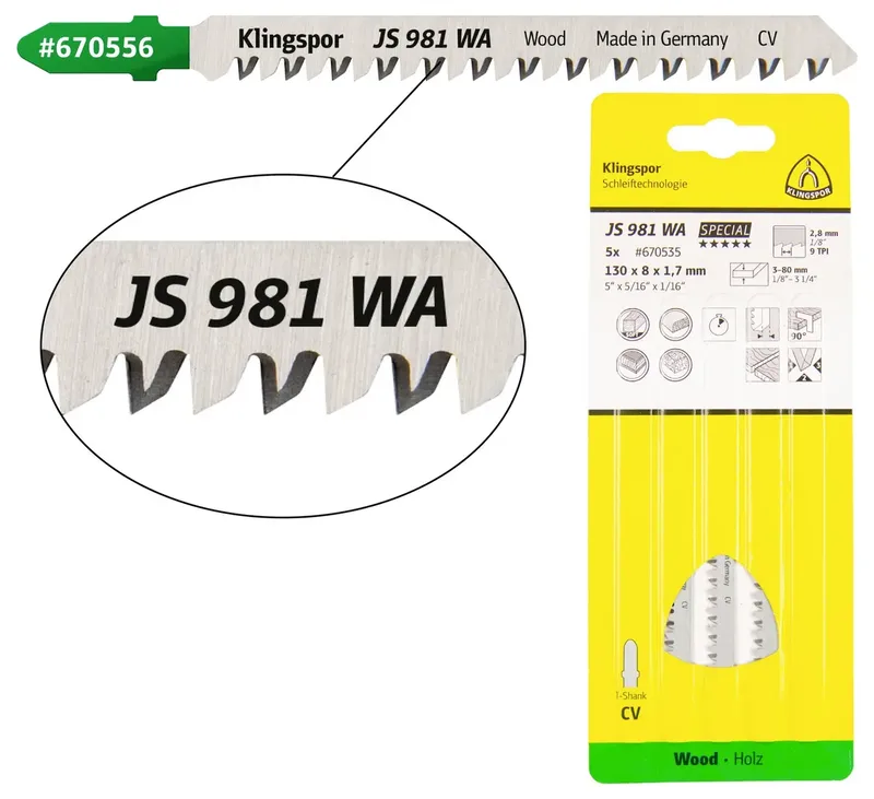 Klingspor 670556 JS 981 WA Stichsägeblätter, 100 x 8 x 1,7 mm Nutzlänge 75Crom-Vanadium, kreuzgeschliffen, konisch , 9 Zähne pro Zoll, SB-verpackt im Karton 5 de Klingspor – image du produit 1 sur 2