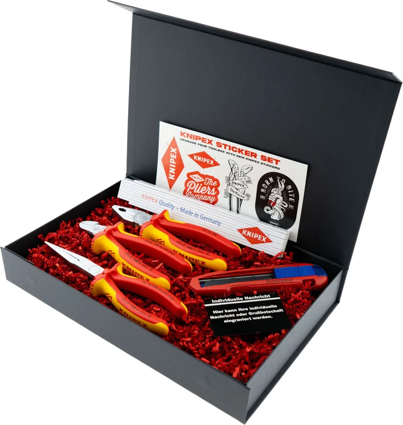 Geschenkbox Elektriker VDE Kombizange Flachrundzange Seitenschneider & CutiX mit Gravur inkl. Zollstock | Exklusives Geschenk für Elektriker de Knipex – image du produit