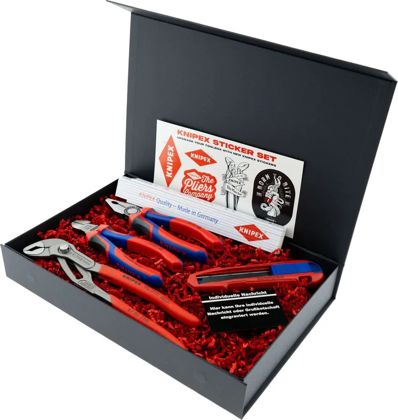 Geschenkbox Klassiker Kombizange Seitenschneider Cobra & CutiX mit Gravur inkl. Zollstock | Exklusives Handwerker Geschenk von Knipex – Produktbild