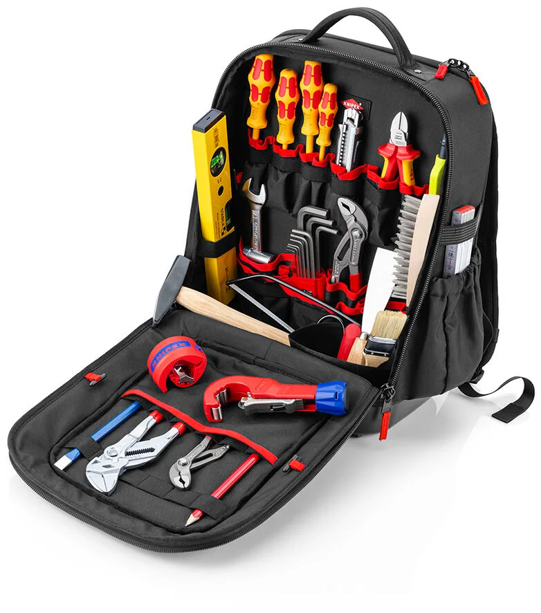 KNIPEX 00 21 51 HK S Werkzeugrucksack Modular X15 Sanitär-Starter bestückt 24-teilig mit Cobra 180 und 250 mm Zangenschlüssel 250 mm TubiX und BiX fra Knipex – produktbillede