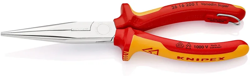 platronde tang met snijkant/bevestigingsoog verchroomd, geïsoleerd met meercomponenten handgrepen, VDE-gekeurd; met geïntegreerd geïsoleerd bevestigingsoog voor het aanbrengen van een valbeveiliging 200 mm - 2616200TBK de Knipex, Jaune – image du produit