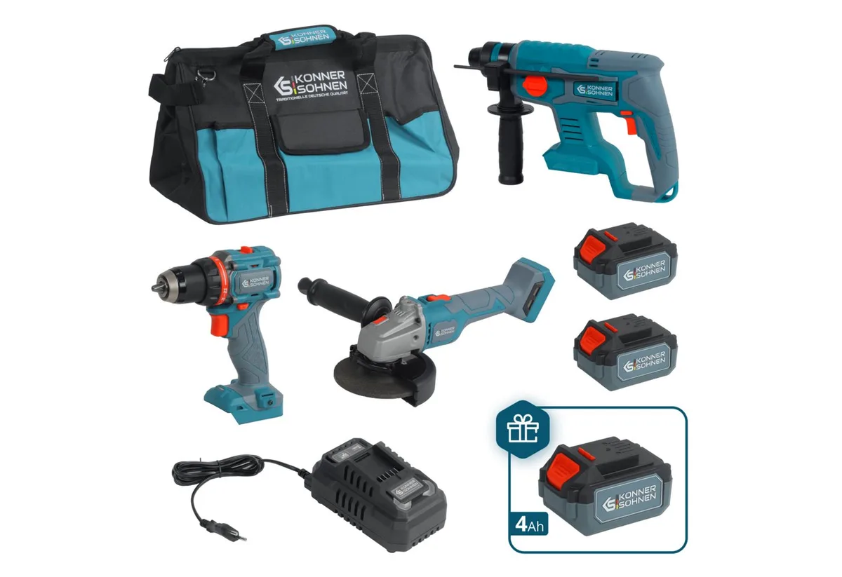 Akku-Schlagbohrschrauber KS RHAGD 20V SET 3 PLUS, (3-in-1 Meister-Set mit Bohrer, Schleifer, Hammer & 3 Akkus, 1-tlg., Inklusive zusätzlichem 4Ah Akku als Geschenk & 4,5A Schnelllader), Bürstenlose Motoren, 2J Schlagkraft, Drehzahlregelung, Tasche de Könner & Söhnen – image du produit