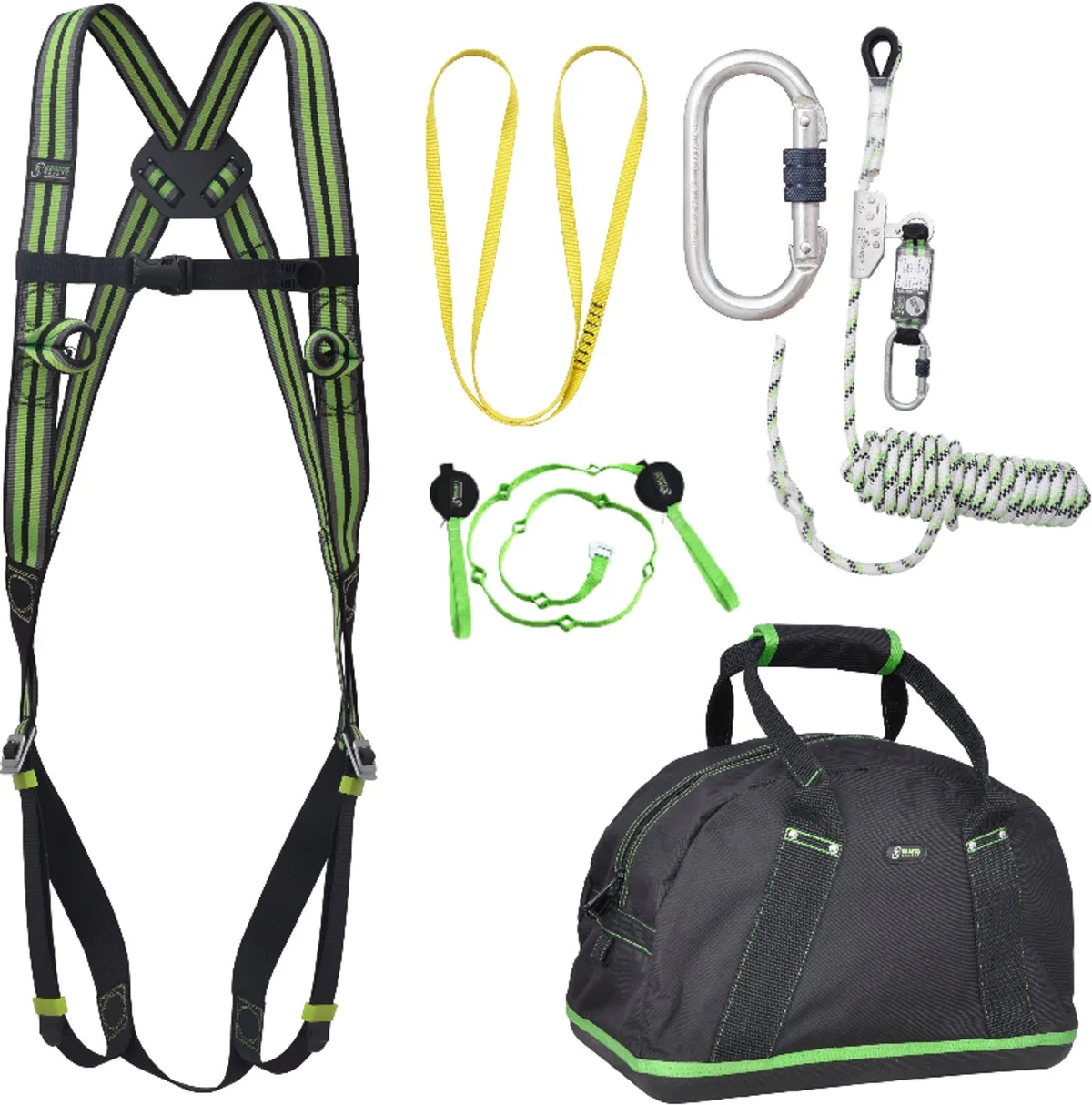 complete set valbeveiliging basic - Veiligheidslijn - Ankerstrop - Trauma riem - Extra karabijnhaak van Kratos Safety – productafbeelding