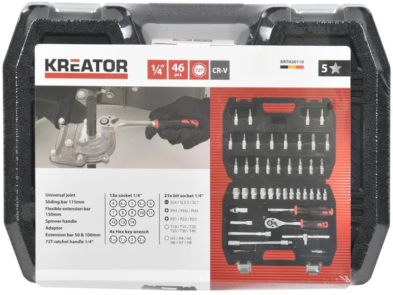 Dopsleutelset KRTH30110 - Ratelsleutelset 1/4" - 46 stuks-Gereedschap, handgereedschap von Kreator, Silber, Rot, Schwarz – Produktbild