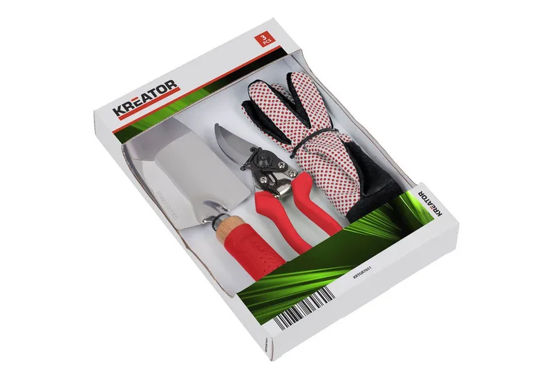 Gartenschere Rosenschere für Gartenarbeiten ideal für Blumen, Sträucher & Zweige, (3-tlg), inkl. Handschuh und Pflankelle fra Kreator – produktbillede 2 af 4