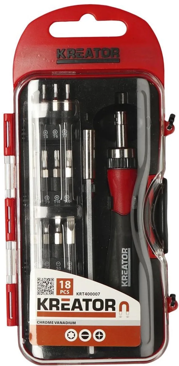 Hand tools - KRT400007 - Ratelschroevendraaier set - 18 st. by Kreator, Black, Red – product image