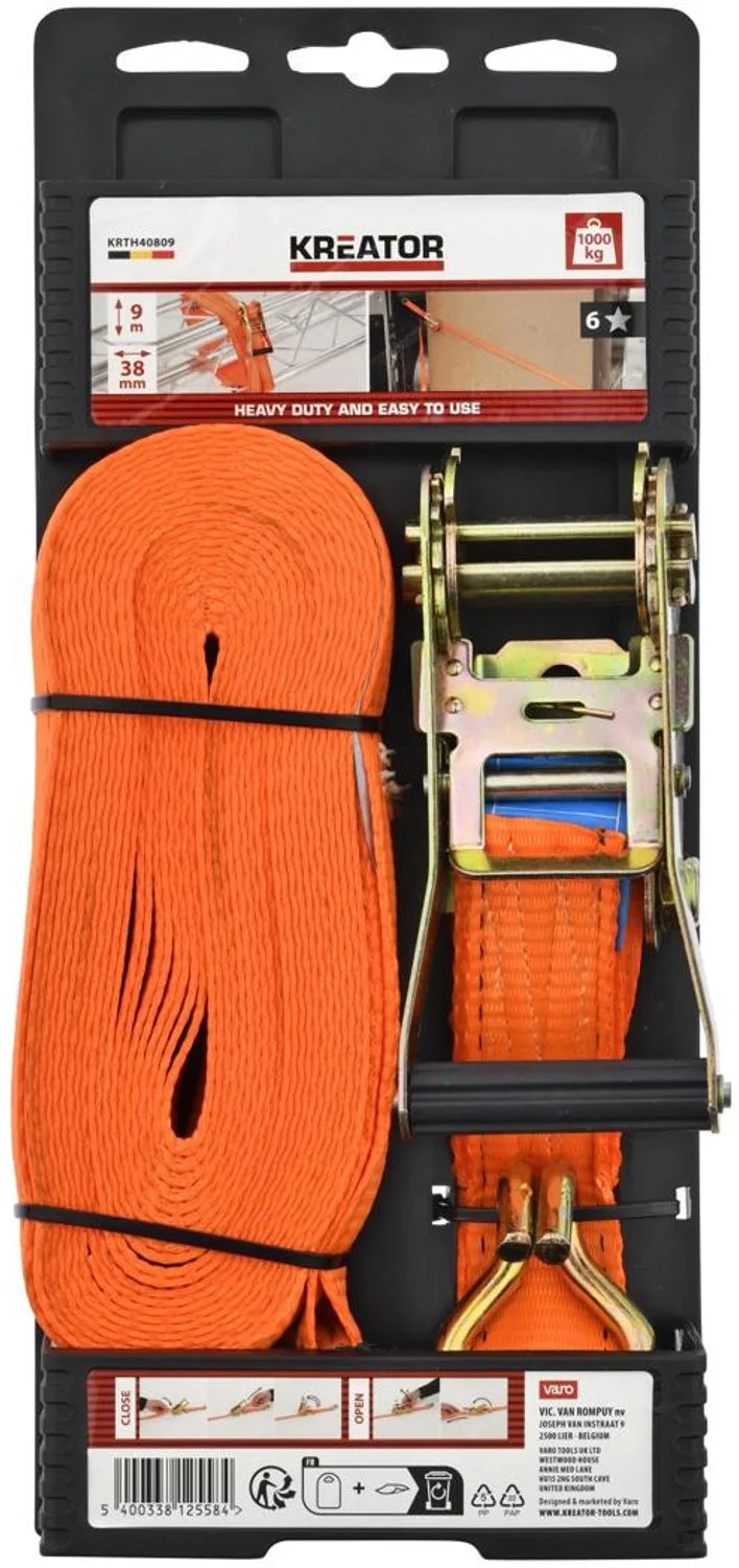 Hand tools - KRTH40809 - Spanband met ratel - 9m - 1000kg - hoge kwaliteit by Kreator, Orange – product image