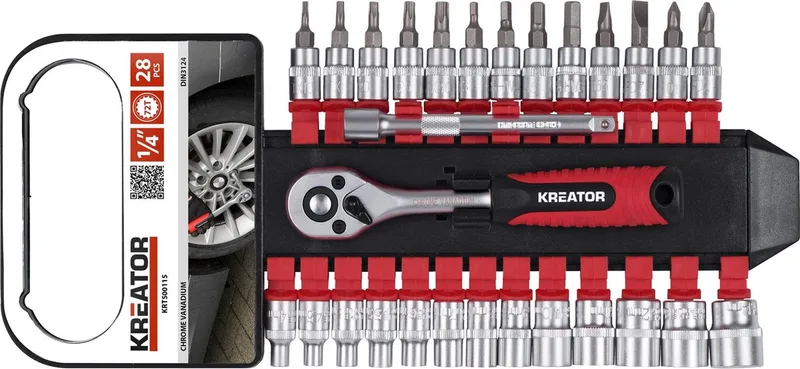 KRT500115 Dopsleutelset - 28 delig - 1/4 van Kreator, Rood, Zwart – productafbeelding