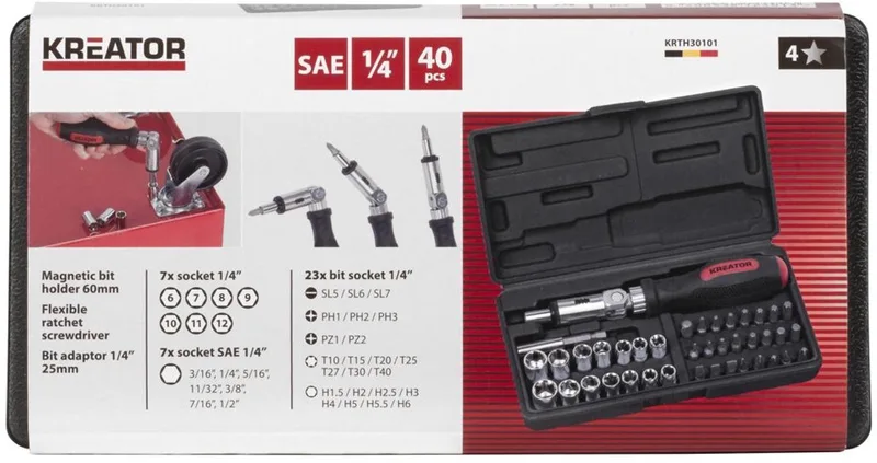 Ratelschroevendraaier KRTH30101 - Ratelgereedschap, 1/4" - 40st. - Gereedschap, Handgereedschap de Kreator, Noir, Rouge – image du produit