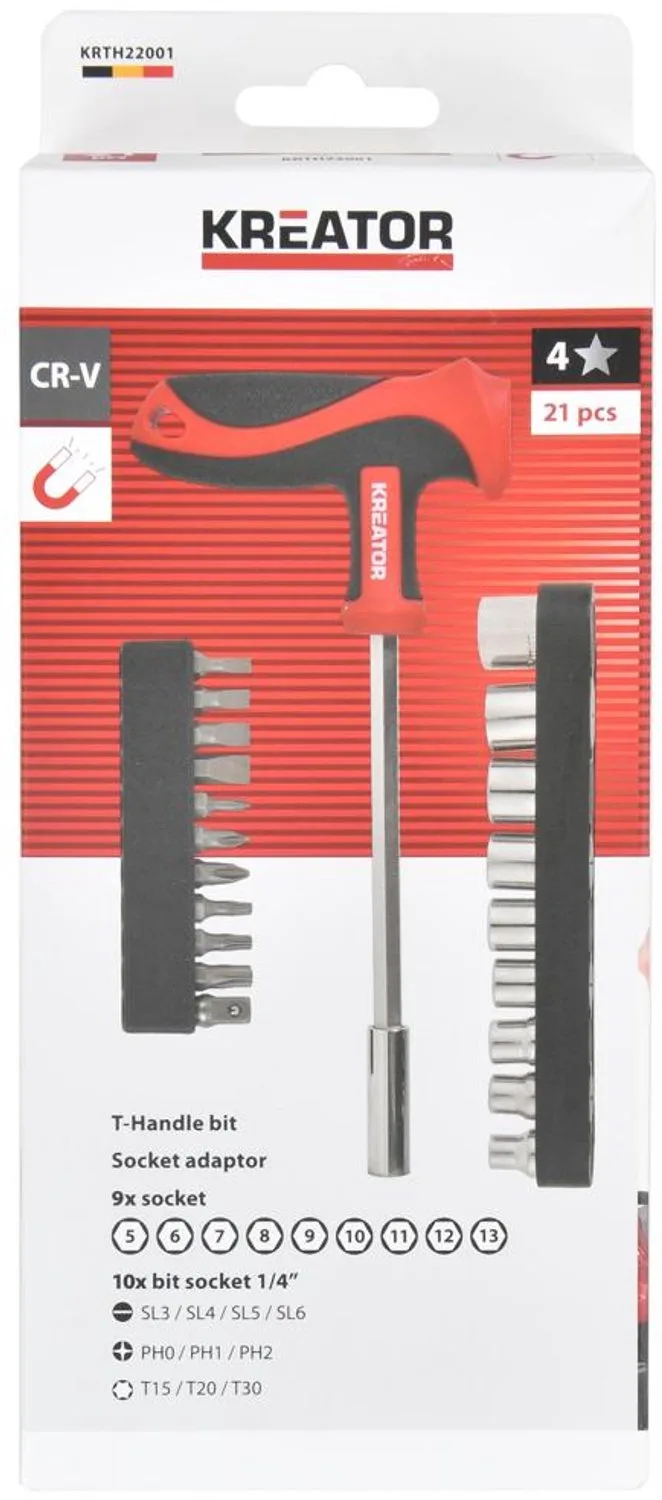 T-Schroevendraaier KRTH22001 - Bit- en Dopsleutelset, 21-delig, Chroom-Vanadium - Gereedschap by Kreator, Black – product image