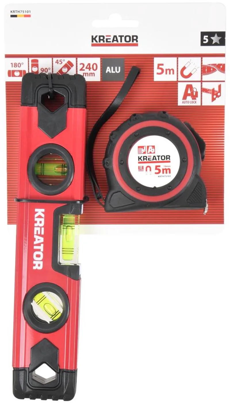 Torpedo waterpas KRTH75101 - 240mm - lengte van 500 cm - 5 m rolmaat - Torpedo waterpas, waterpas 5 m de Kreator, Rouge – image du produit