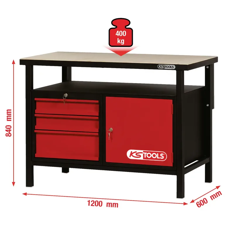 KS Tools 865.0003 Werkbank (b x h x d) 1200 x 840 x 600 mm Zwart, Rood van KS Tools – productafbeelding 2 van 2