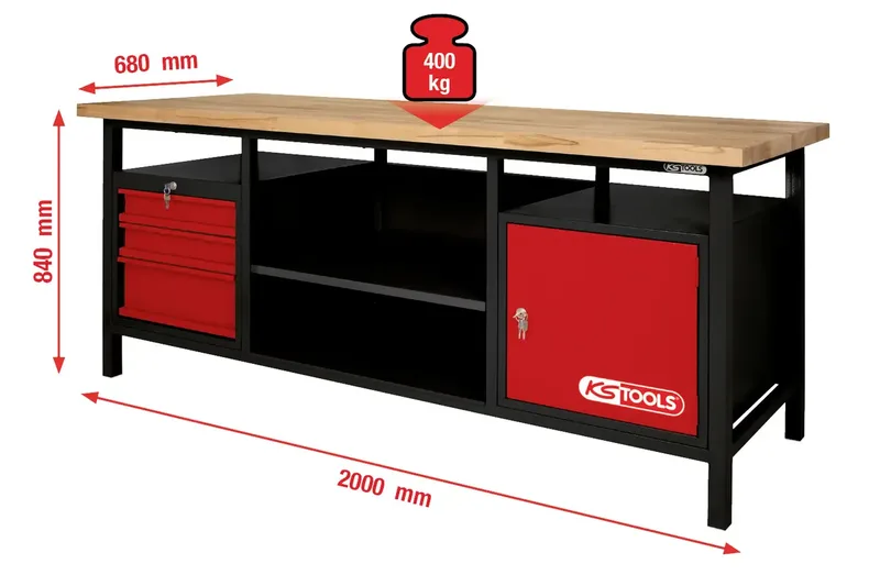 KS Tools 865.0201 Établi (l x H x P) 2000 x 840 x 680 mm noir, rouge de KS Tools – image du produit 3 sur 3