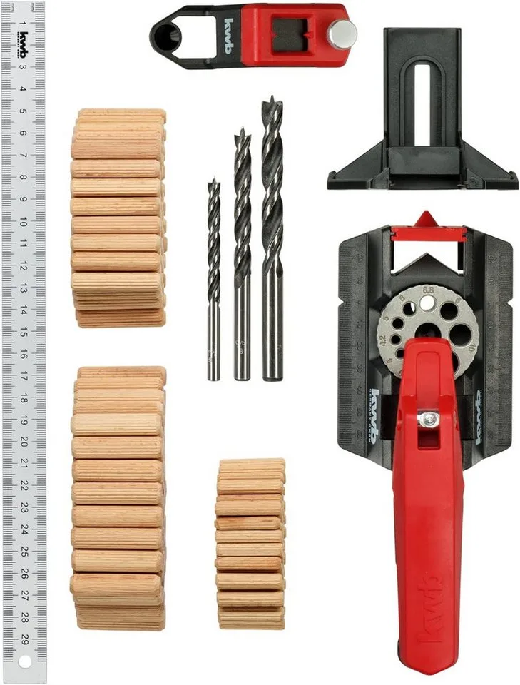 Bohrer- und Bit-Set Dübelprofi Bohrlehrenset, Dübelhilfe/Dübellehre Set inkl. je 50 Dübel und 1 Bohrer 6, 8, 10 van KWB – productafbeelding