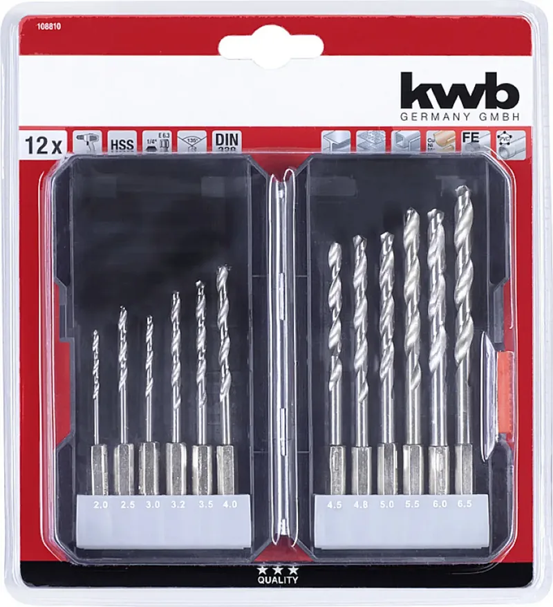 kwb 108810 HSS Metall-Spiralbohrer-Set 12teilig 2 mm, 2.5 mm, 3 mm, 3.2 mm, 3.5 mm, 4 mm, 4.5 mm, 4.8 mm, 5 mm, 5.5 mm, 6 mm, 6.5 mm DIN 338 1/4 (6.3 mm) 12 St. de KWB – image du produit 3 sur 3