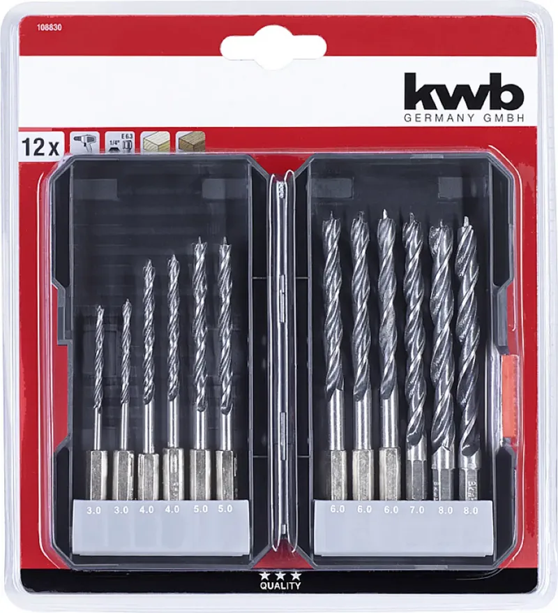 kwb 108830 Holz-Spiralbohrer-Set 12teilig 3 mm, 4 mm, 5 mm, 6 mm, 7 mm, 8 mm Schnellspannbohrfutter, Zahnkranzbohrfutter 12 St. de KWB – image du produit 3 sur 3