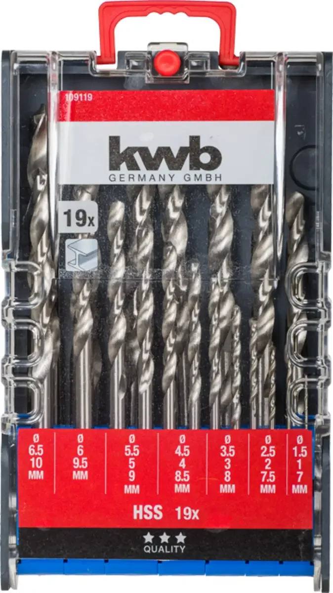 kwb 109119 HSS Metall-Spiralbohrer-Set 19teilig 1 mm, 1.5 mm, 2 mm, 2.5 mm, 3 mm, 3.5 mm, 4 mm, 4.5 mm, 5 mm, 5.5 mm, 6 mm, 6.5 mm, 7 mm, 7.5 mm, 8 mm, 8.5 mm de KWB – image du produit 3 sur 3