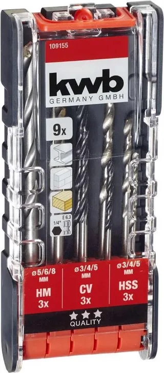 kwb 109155 HSS Boorset 9-delig 3 mm, 4 mm, 5 mm, 6 mm, 8 mm 1/4 (6.3 mm) 9 stuk(s) de KWB – image du produit 1 sur 3
