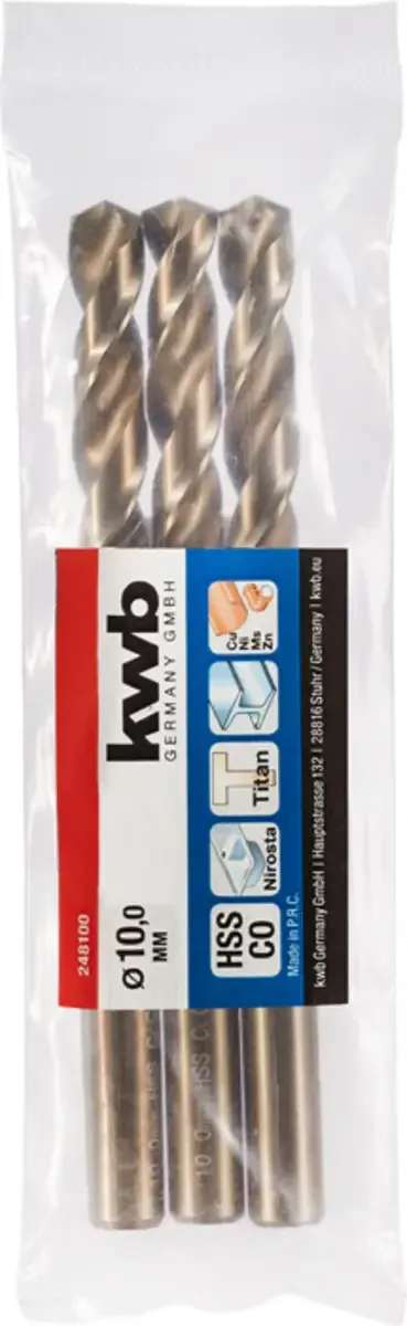 kwb 248100 HSS-Co Foret hélicoïdal 1 pièce 10 mm Longueur totale 133 mm M35 DIN 338 tige cylindrique 1 pc(s) de KWB – image du produit 2 sur 2