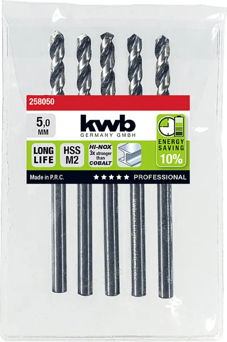 kwb 258050 HSS Spiralbohrer 1 Stück 5 mm Gesamtlänge 86 mm M2 DIN 338 Zylinderschaft 1 St. fra KWB – produktbillede 2 af 2