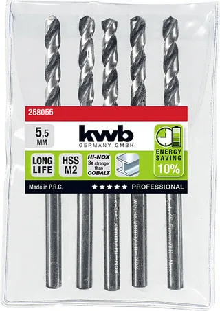 kwb 258055 HSS Foret hélicoïdal 1 pièce 5.5 mm Longueur totale 93 mm M2 DIN 338 tige cylindrique 1 pc(s) de KWB – image du produit 2 sur 2
