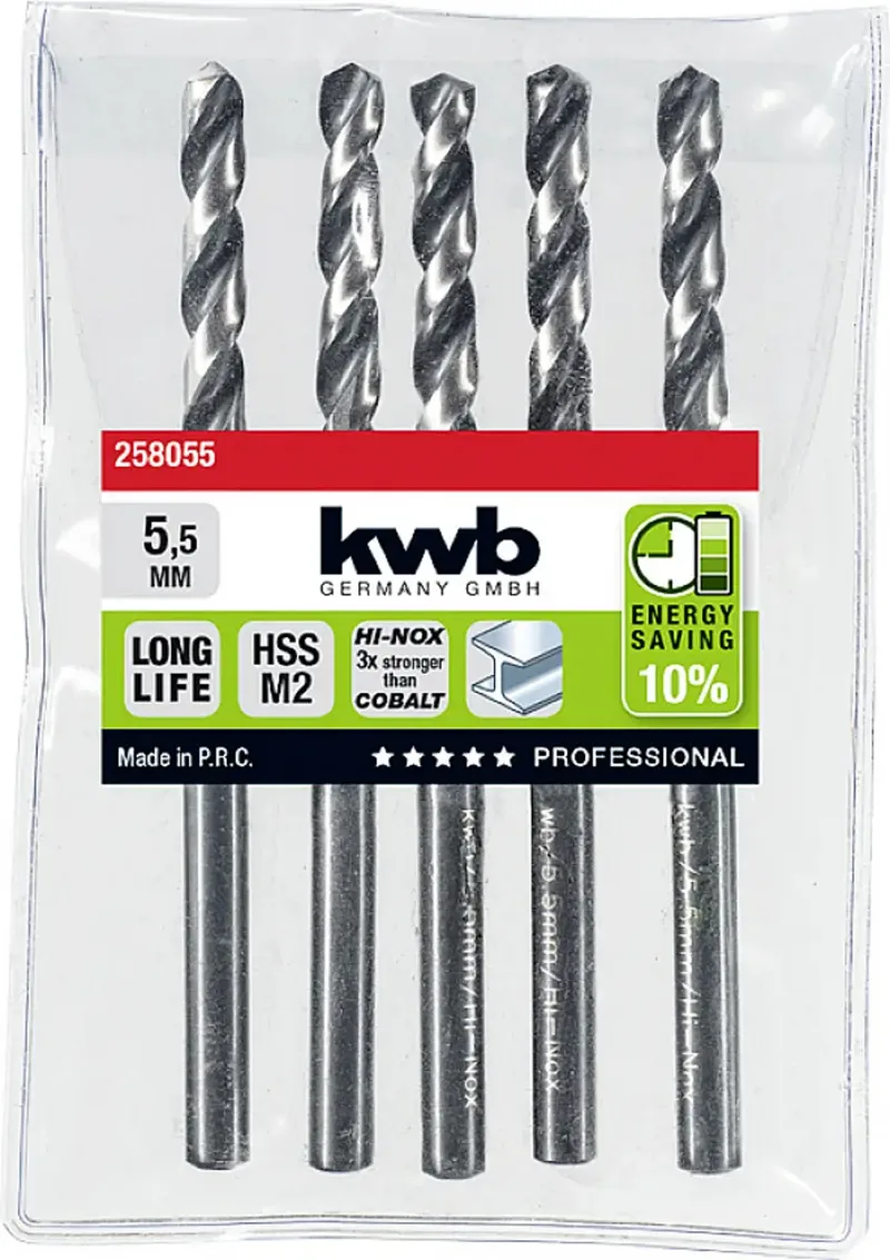 kwb 258055 HSS Foret hélicoïdal 1 pièce 5.5 mm Longueur totale 93 mm M2 DIN 338 tige cylindrique 1 pc(s) de KWB – image du produit 2 sur 2