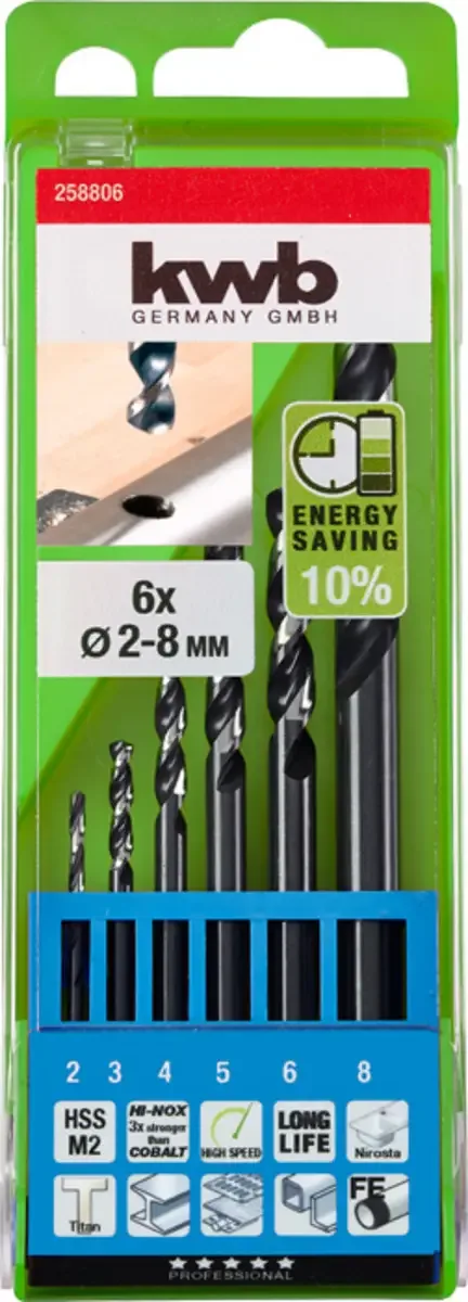 kwb 258806 HSS Metall-Spiralbohrer-Set 6teilig 2 mm, 3 mm, 4 mm, 5 mm, 6 mm, 8 mm M2 DIN 338 Zylinderschaft 1 St. de KWB – image du produit 3 sur 3