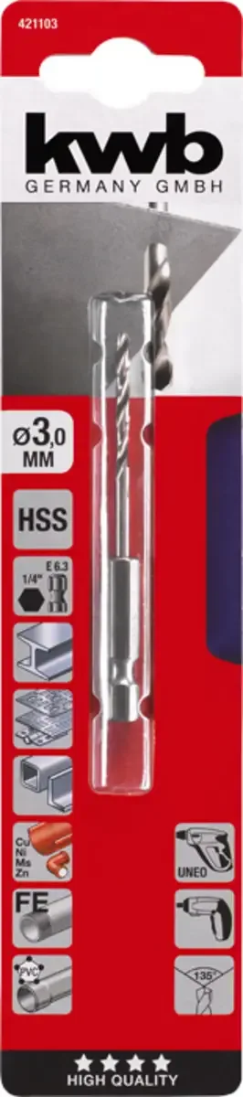 kwb 421103 HSS Jeu de forets pour le métal 3 mm Longueur totale 79 mm DIN 1412 C 1/4 (6,3 mm) 1 pc(s) de KWB – image du produit 3 sur 3