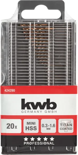 kwb 424290 HSS Titan Metall-Spiralbohrer-Set 20teilig 0.3 mm, 0.35 mm, 0.4 mm, 0.45 mm, 0.5 mm, 0.55 mm, 0.6 mm, 0.65 mm, 0.7 mm, 0.75 mm, 0.8 mm, 0.85 mm, 0.9 de KWB – image du produit 1 sur 3