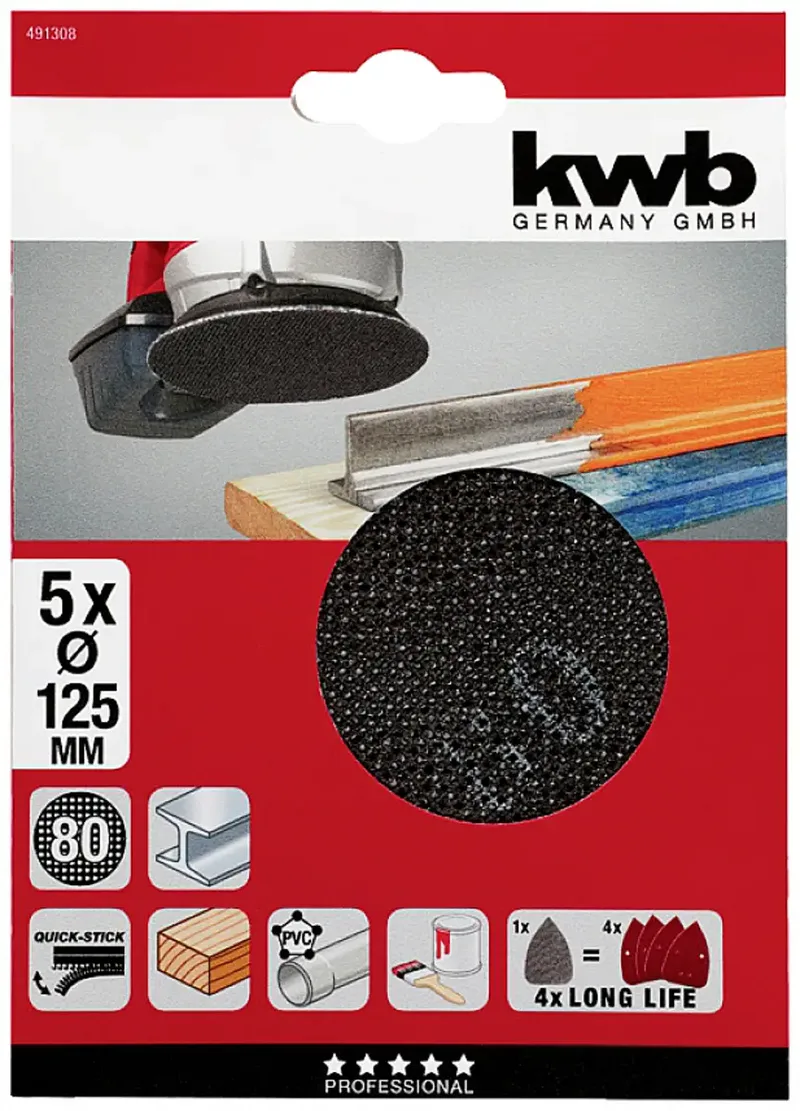 kwb 491308 Papier abrasif pour ponceuse à disque Grain 80 (Ø) 125 mm 5 pc(s) de KWB – image du produit 3 sur 3